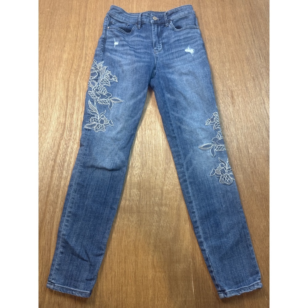 White House Black Market Jeans Womens 4 Blue  Floral Embroidered Skinny